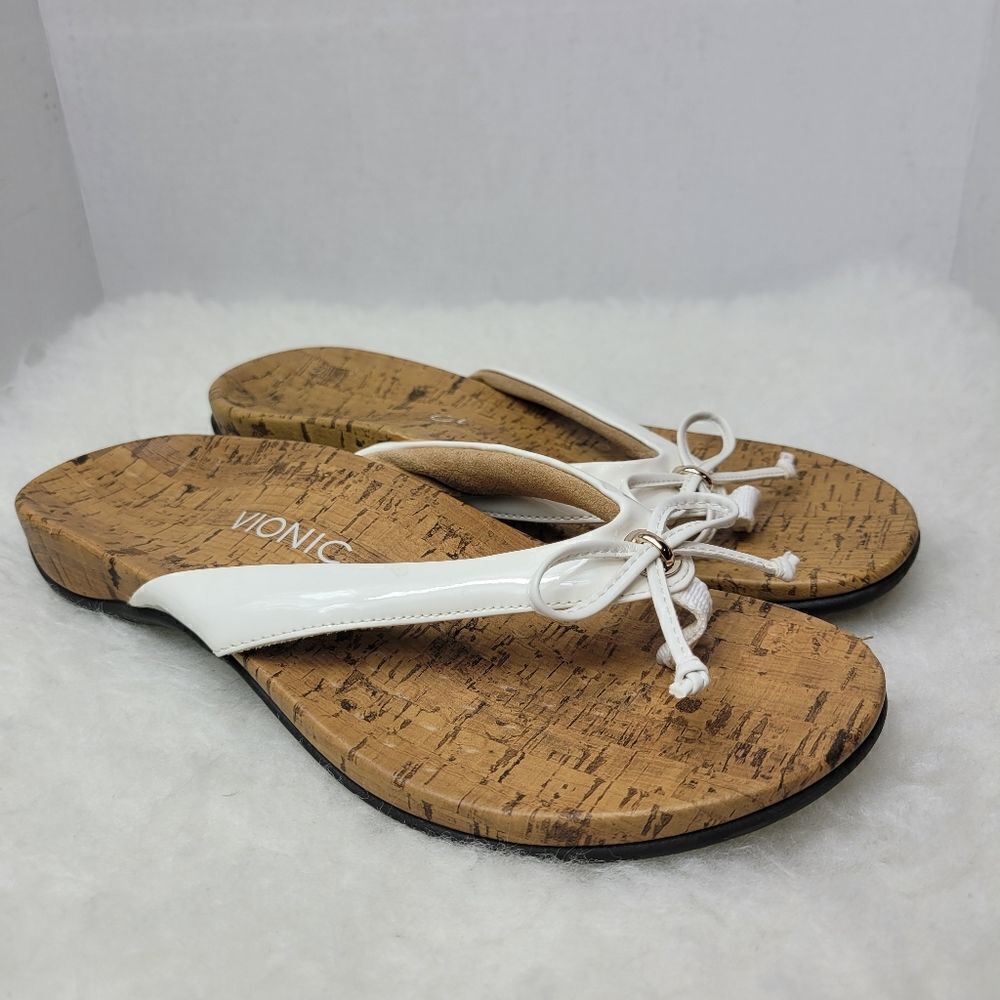 Vionic Bella II Flip Flop White Leather Bow Sandal Shoes Size 9